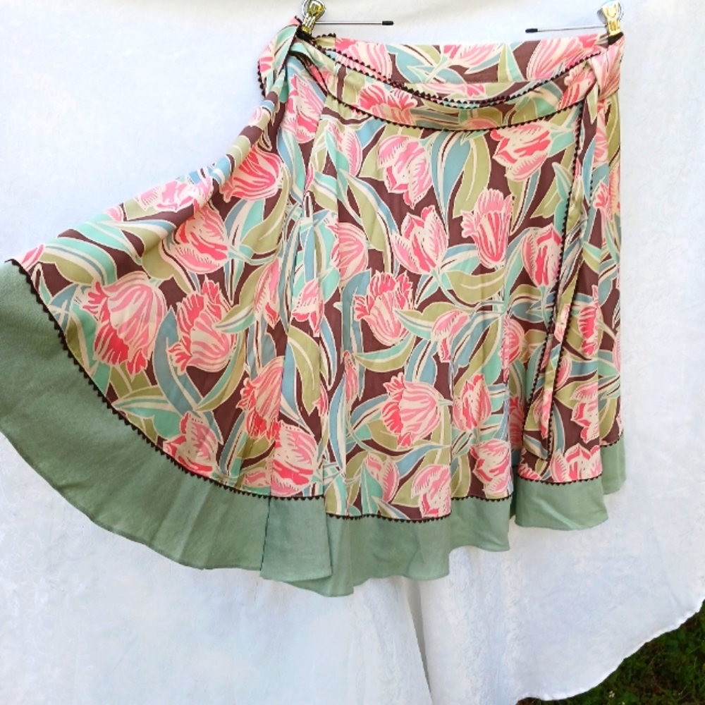 Silk Cotton A.CHENG Miss Priss  Floral Wrap Around Skirt Teal Pink Green Medium